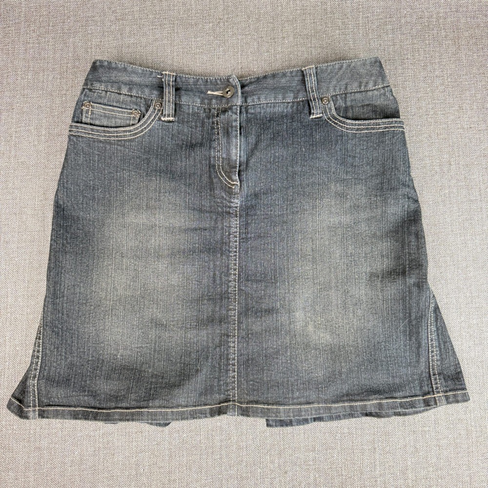 Etcetera Womens Denim Mini Skirt Dark Wash Pleated Back Size 4